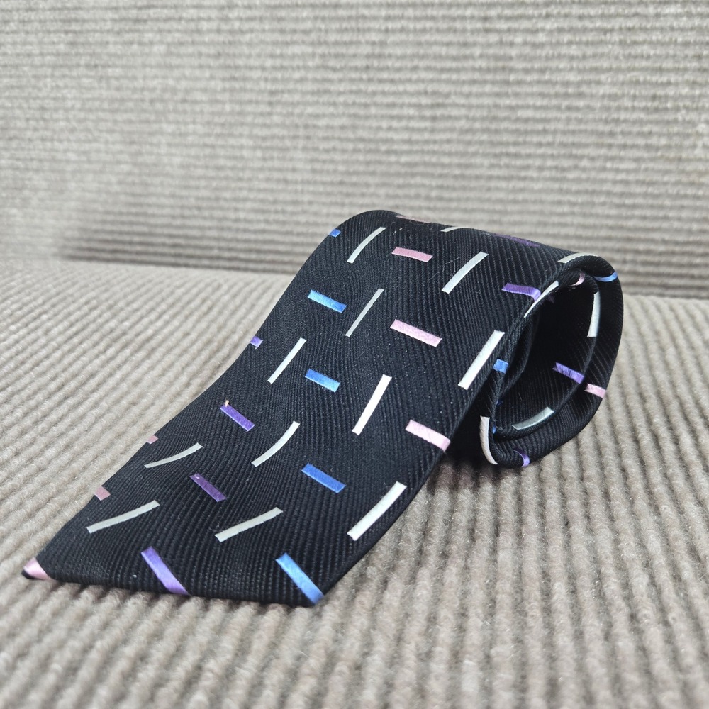 Haggar Mens Black Geometric Dash 100% Silk Hand Made Necktie